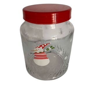 Festive Snowman Glass Jar with Red Lid - Holiday Decor - Excellent Condition